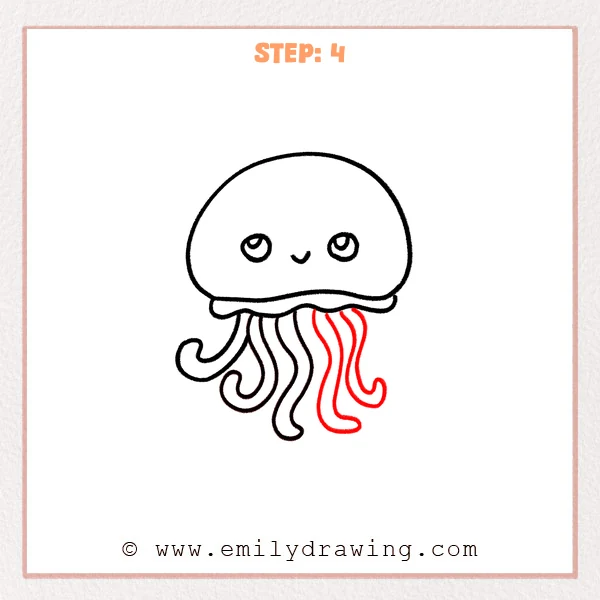 how to draw a cartoon jellyfish - Step 4 shows a cartoon jellyfish with extra right-side tentacles and a few inner lines for thickness.